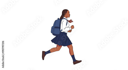 African American schoolgirl in a formal uniform with a backpack running quickly to school on a plain white background.