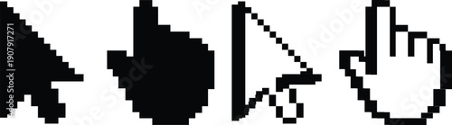 Computer mouse click cursor isolated on transparent. Cursor set in hand and arrow forms. Pixel cursor icon. Cursor icons set an arrow, arm flat and 3d style.