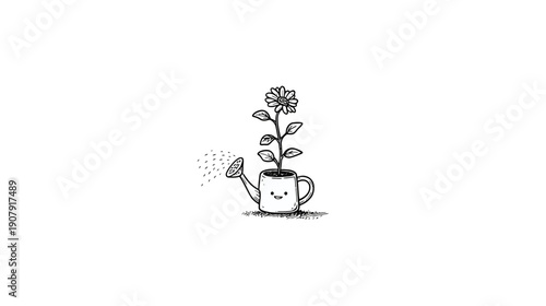 Black and white illustration of a flower growing in a watering can, with raindrops