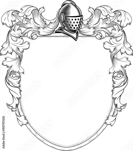 Tableau sur toile A coat of arms or crest family heraldry medieval heraldic knight shield with helmet and acanthus filigree scroll ornament in a vintage woodcut style