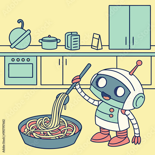 Funny Robot Cook Losing Control of Escaping Spaghetti Noodles in a Humorous Kitchen Scene.