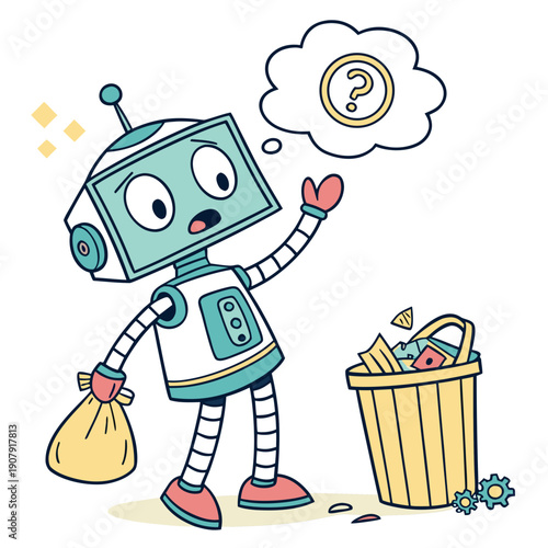 Playful Robot Humorously Mistaking Trash for Valuable Treasure, Collecting Junk in a Flat Vector Illustration.