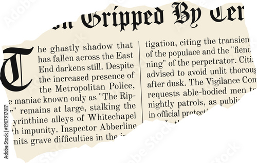 Ripped yellowed old journal paper fragment with columns of fictional vintage news text on transparent background.