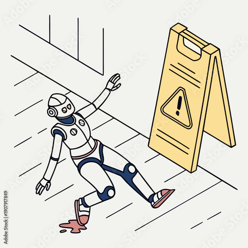 Clumsy Robot Slipping Accidentally on a Freshly Cleaned and Wet Floor in a Humorous Flat Vector Illustration.