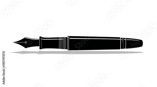 A stark, monochromatic illustration of a classic fountain pen, casting a shadow below