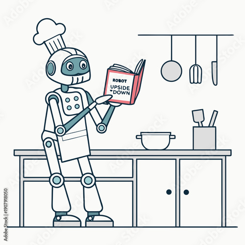 Flat vector illustration of a robot diligently trying to cook a meal while carefully reading instructions from a recipe book, showcasing domestic automation.