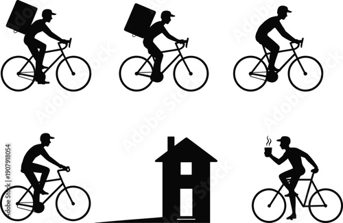 Bicycle delivery courier silhouettes set including food delivery man with backpack, cyclist riding to house, and person enjoying hot coffee. (Exactly 20 words)