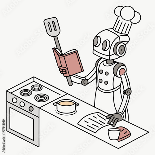 Flat vector illustration of a robot diligently trying to cook a meal while carefully reading instructions from a recipe book, showcasing domestic automation.