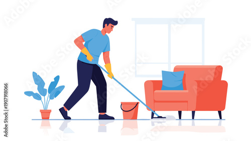 Responsible man using a mop to clean the floor in a bright living room as part of his daily household chores and routine.