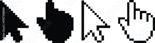Computer mouse click cursor isolated on transparent. Cursor set in hand and arrow forms. Pixel cursor icon. Cursor icons set an arrow, arm flat and 3d style.
