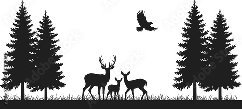 Black silhouette of deer family with buck doe and fawn in forest landscape with pine trees and flying eagle bird