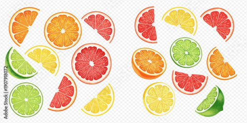 Vibrant citrus fruit slices and halves including orange, grapefruit, lemon, and lime on a transparent background.
