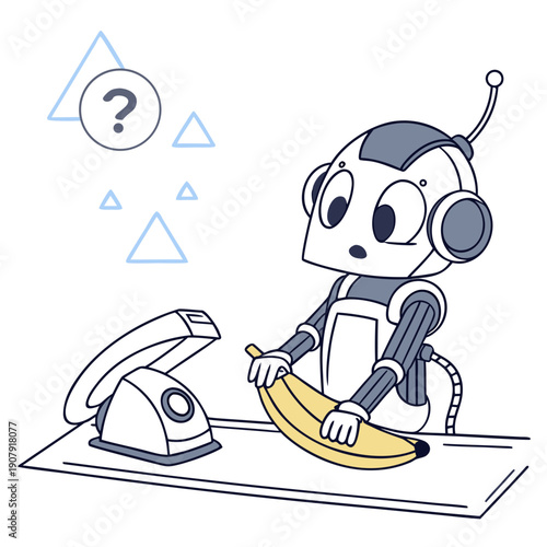 Humorous clean flat vector illustration of a robot attempting to iron a banana, an absurd concept highlighting AI's literal interpretation and funny mistakes.