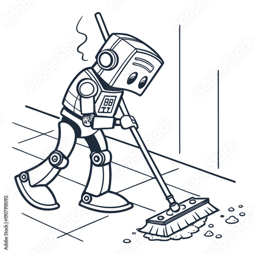 Humorous flat vector art depicting a robot attempting to sweep but comically spreading dust everywhere, showcasing automation inefficiency and unexpected messes.