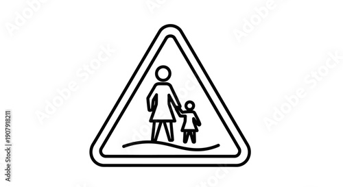 This illustration features a triangular road warning sign showing an adult and child crossing, symbolizing pedestrian safety and school zone awareness. The image represents caution areas where drivers