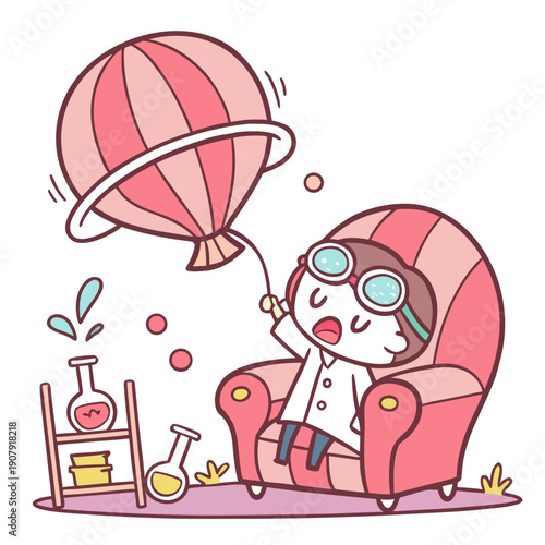 Cute Vector Illustration of a Scientist Accidentally Inflating a Chair in the Lab, a Humorous Take on Unforeseen Experimental Outcomes