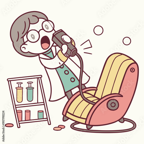 Cute Vector Illustration of a Scientist Accidentally Inflating a Chair in the Lab, a Humorous Take on Unforeseen Experimental Outcomes