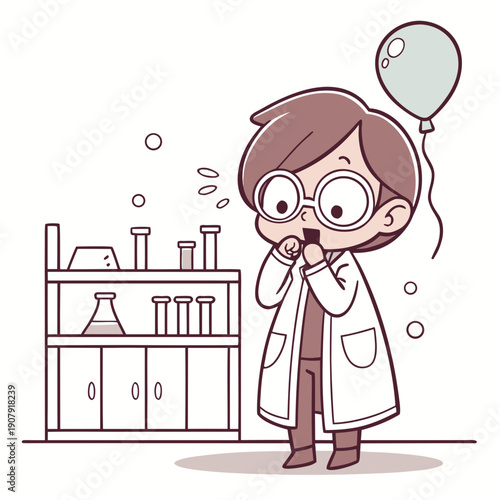 Cute Vector Illustration of a Scientist Accidentally Inflating Their Lab Coat, a Humorous Portrayal of a Quirky Lab Experiment Gone Wrong