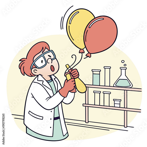 Cute Vector Illustration of a Scientist Accidentally Inflating Lab Gloves, a Humorous Scene Depicting a Whimsical Experiment Gone Awry