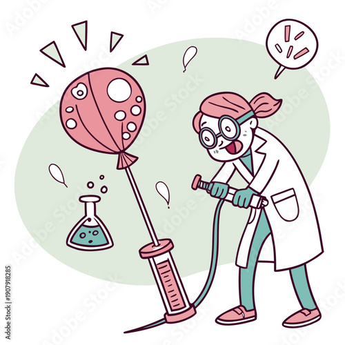 Whimsical Vector Illustration of a Scientist Accidentally Inflating Various Lab Tools, Portraying a Humorous and Unexpected Experimental Outcome