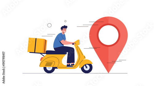 Friendly delivery man riding a yellow scooter with a parcel box towards a large red location pin icon on a white background.