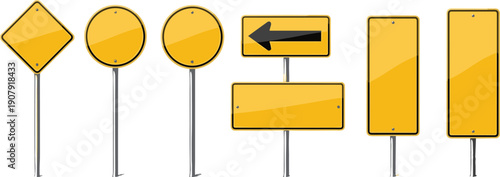 Set of Blank Yellow Traffic Signs and Road Warning Symbols Isolated on White Background with Various Geometric Shapes Arrow and Poles for Information Design