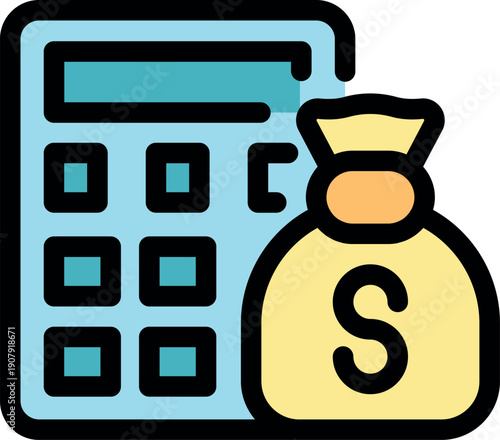 Money bag with dollar sign next to a calculator, representing savings, budget and finance calculations