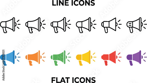 A Diverse Collection of Professional Line and Flat Megaphone Icons Perfect for Marketing and Communication Design Projects