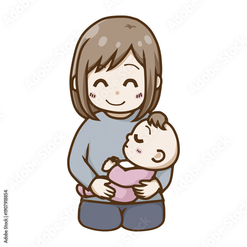笑顔で赤ちゃんを抱っこする母親のイラスト（授乳・寝かしつけ）