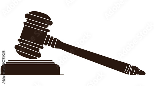 A silhouetted wooden gavel and sound block, angled on a white backdrop