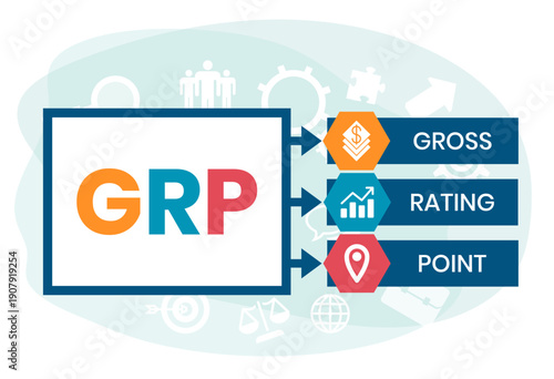 GRP, Gross Rating Point. Concept with keywords, people and icons. Flat vector illustration. Isolated on white background.