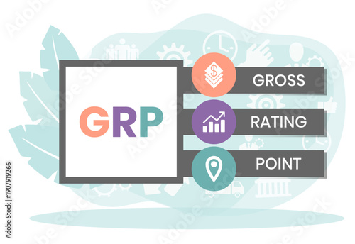 GRP, Gross Rating Point. Concept with keywords, people and icons. Flat vector illustration. Isolated on white background.