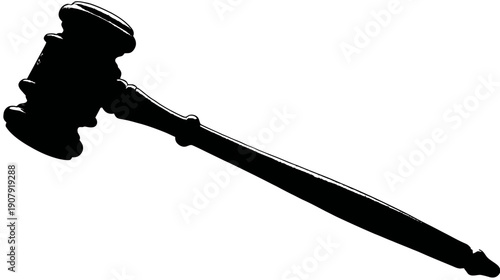 A silhouette illustration of a judge's gavel with a rounded head and a long handle