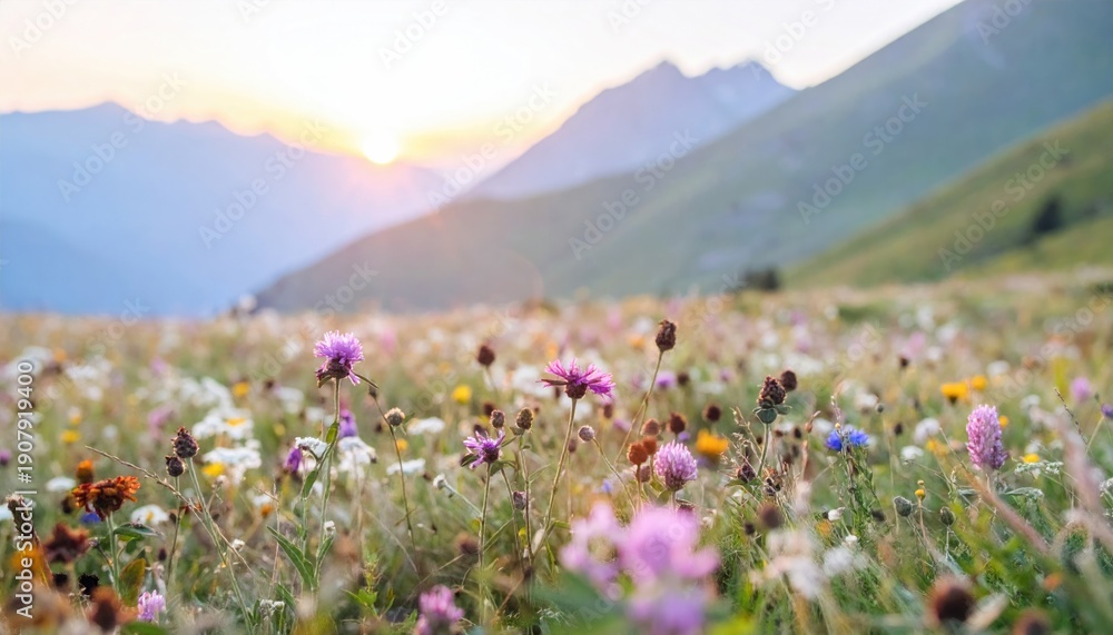 Obraz premium Wildflower field blooms during sunset at mountain range. Scenic landscape features colourful flowers in meadow. Mountains rise against orange sky