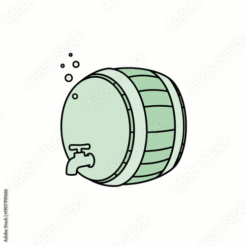 Beer barrel with tap and bubbles in simple line art style  
