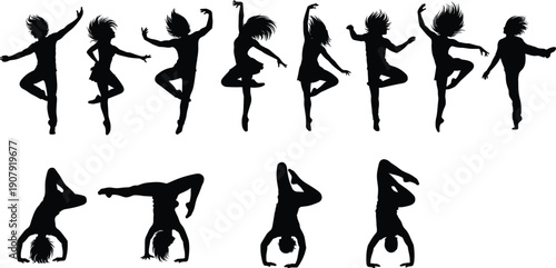 Set of energetic dancer silhouettes performing hip hop and street dance moves including jumps and handstands isolated on white background