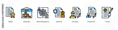 Commercial Agreement web banner featuring Validity, Wholesaler, Money Management, Indemnity, Contractor, Employment, and Invoice for reliable trade and financial operations.