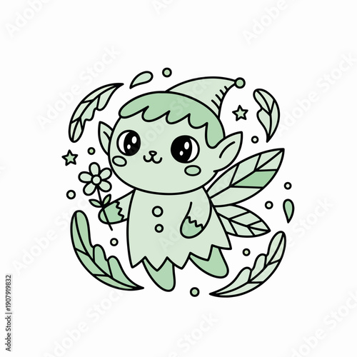 Cute fairy character holding a flower surrounded by leaves and stars  