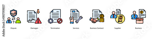 Contract Dispute web banner featuring Dispute, Damages, Termination, Services, Business Contract, Supplier, and Business for resolving conflicts in commercial relationships.
