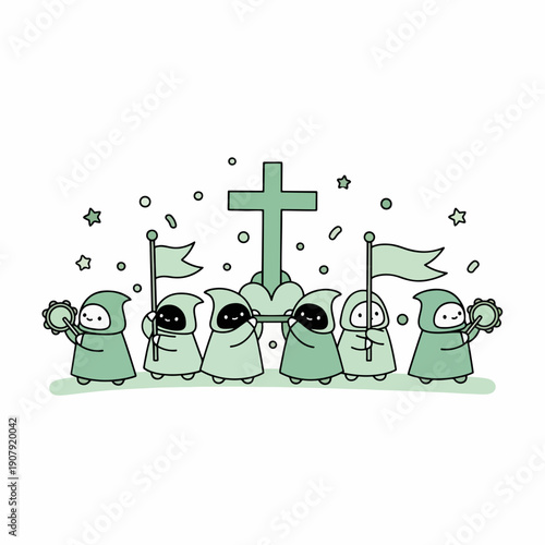 Group of cartoon figures in religious procession with cross and flags  