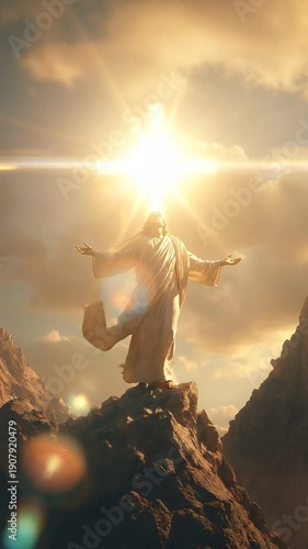 Jesus Christ Standing on a Mountain Peak with Open Arms Under a Glowing Cross in the Sky
