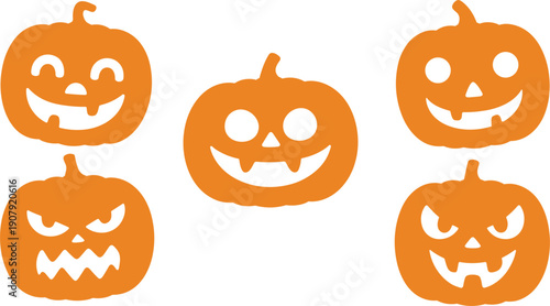 Five Orange Halloween Pumpkin Icons with Carved Faces on White Background illustration
