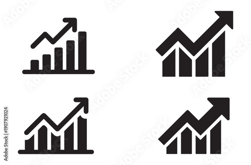 Set of Black Graph Chart Icons on White Background, Minimalist Analytics and Data Visualization Illustration