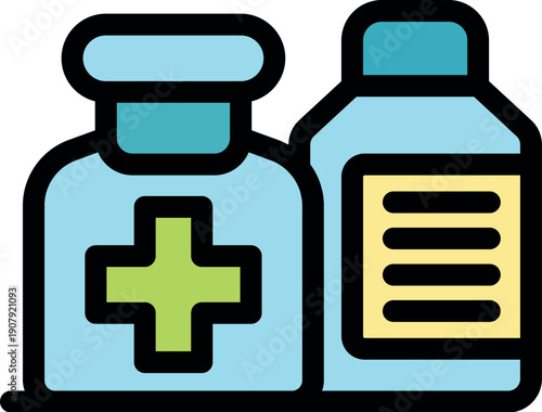 Two medicine bottles, one with a medical cross, stand for healthcare, pharmacy, and the pharmaceutical industry