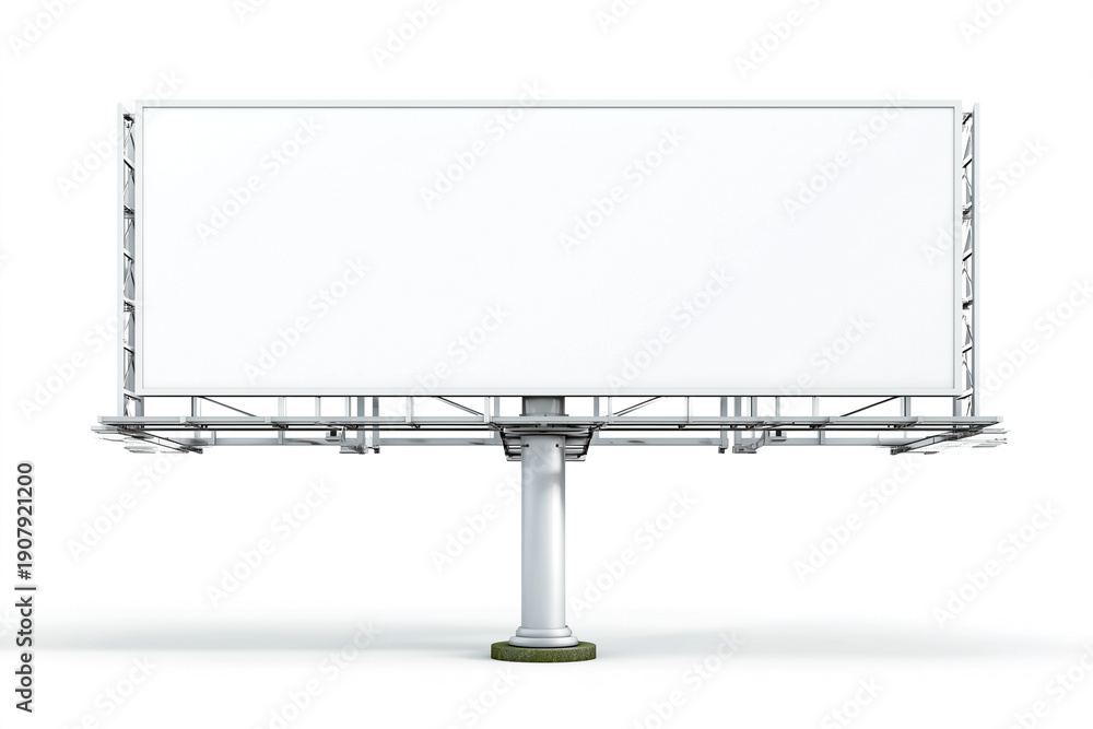 Fototapeta premium Empty white billboard structure on a metal pole with a circular base, designed for advertising in an outdoor urban environment