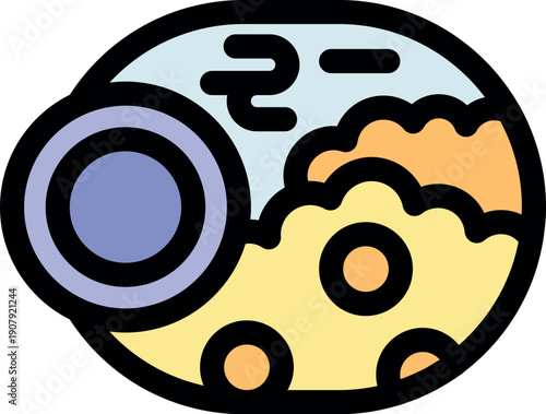 Colorful illustration of an exoplanet with craters, atmosphere and another celestial body orbiting it