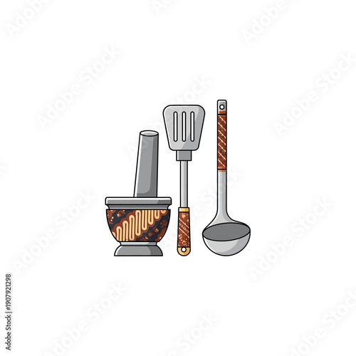 Stylized vector illustration of essential kitchen utensils, including a mortar and pestle, slotted spatula, and ladle, perfect for culinary, cooking, and food preparation themes