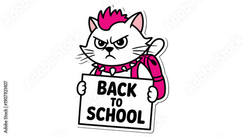 A punk rock cat with a pink mohawk and backpack holds a 'Back to School' sign, looking angry.
