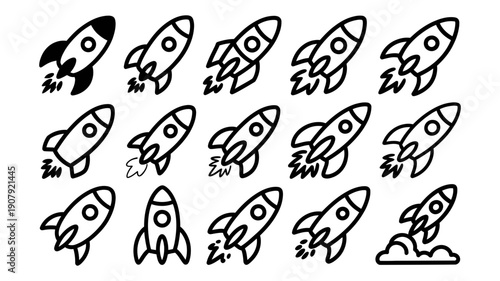A diverse compilation of fifteen outline rocket icons depicting various stages of space flight and launch.