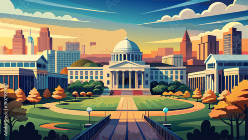 Very beautiful wide campus scene of Massachusetts Institute of Technology (MIT) in Cambridge, Massachusetts, USA, combining innovative modern buildings with classic academic structures.